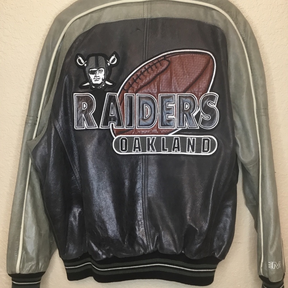 Mirage NFL OAKLAND RAIDERS Leather Jacket Silver Black Mens L VTG 90’s Quilted